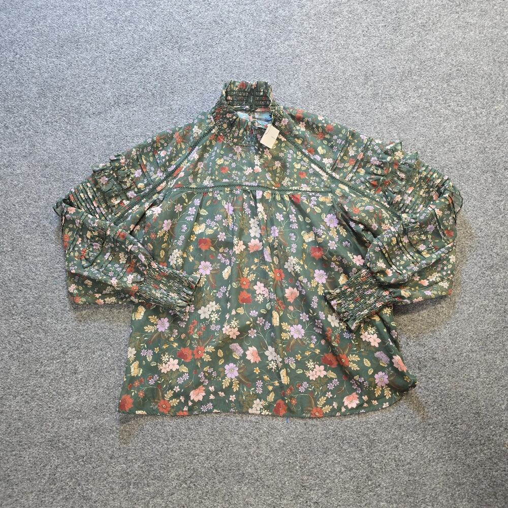 French Connection Top Women Size Medium Green Floral High Neck Poet Sleeve Sheer